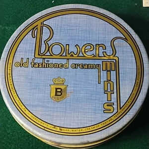 Vintage Bowers Old Fashioned Creamy Mints Collectible Tin Blue